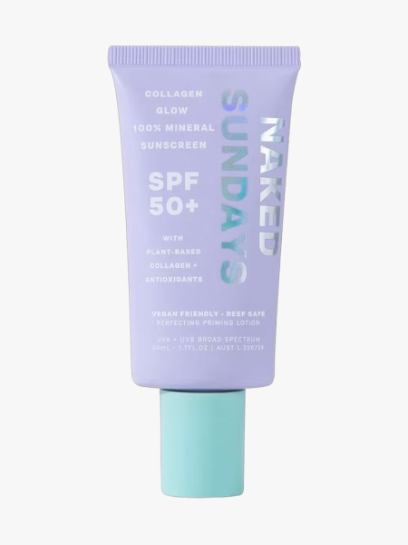 Naked Sundays ​​Mineral Priming Sunscreen SPF 50+ Lotion with Collagen in branded component on a light gray background